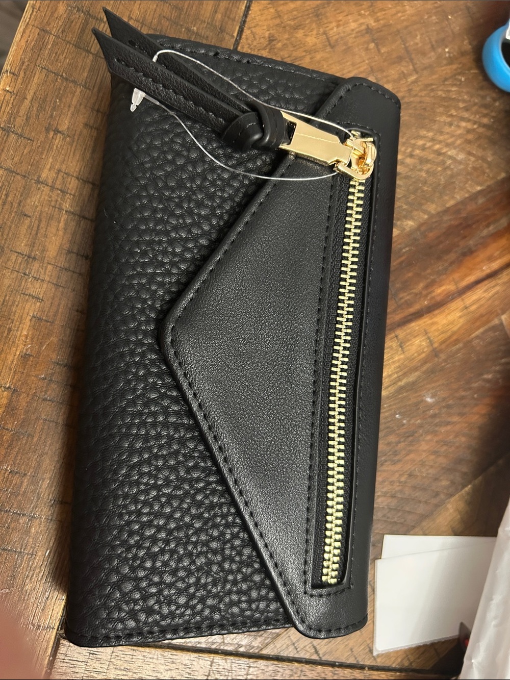 Black Pebbled Zip Wallet with Gold Hardware